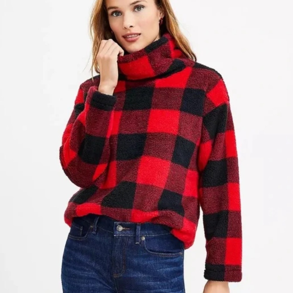 Loft Plush Fleece Buffalo Check Red and Black Plaid Funnel Neck Pullover XL